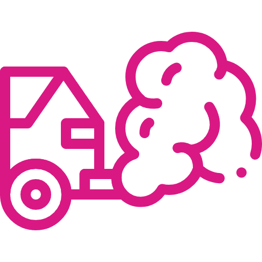 A pink line drawing of a car, reminiscent of an inspection at an Authorised Inspection Station, emitting large clouds of exhaust fumes.