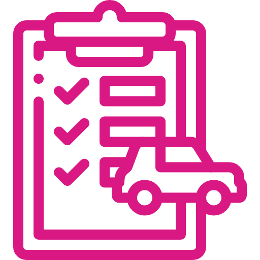 Icon of a clipboard with checkmarks and a car beside it in pink, representing an Authorised Inspection Station.