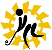 Icon of a stylized figure playing field hockey in front of a yellow sunburst background.