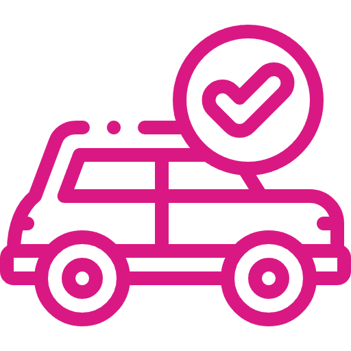 Pink outline of a car with a checkmark inside a circle above it, symbolizing an authorised and approved vehicle inspection by an Authorised Inspection Station.