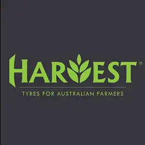 Green text logo "HARVEST" with a plant graphic on a dark background, tagline "Tyres for Australian Farmers" underneath, emphasizing soil stabilisation.