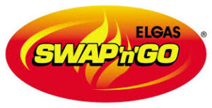 Elgas SWAP'n'GO logo with a red and orange flame design in the background and bold yellow and black text, epitomizing stability akin to advanced soil stabilisation techniques.