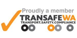 Proudly a member of TRANSAFE WA. Transport. Safety. Compliance. Specializing in areas such as soil stabilisation for safer roadways. Features a logo with a checkmark and circles below the text.