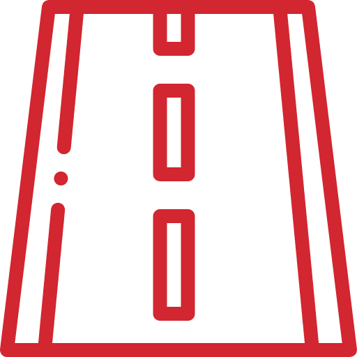 Red outline of a straight road with dashed lines down the center and solid lines on either side, representing a traffic or travel concept.