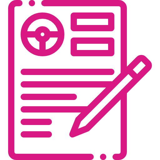 A pink icon of a document with lines of text and a circular symbol at the top, along with a pencil positioned diagonally on it, resembling an Authorised Inspection Station report.