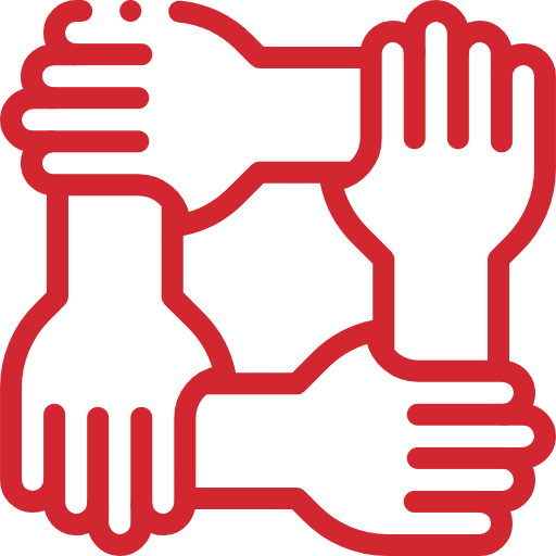 A red outline icon of four hands holding onto each other's wrists, forming a square shape.