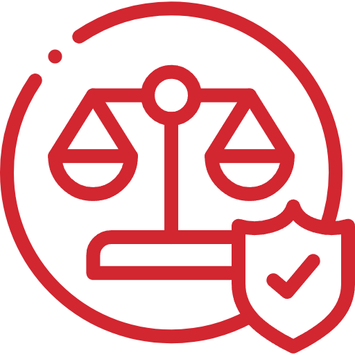 A red icon of a balanced scale within a circle, alongside a shield with a check mark, symbolizing justice and security.