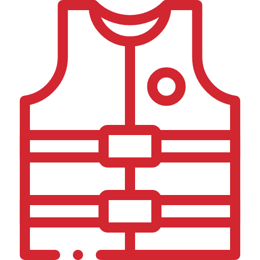 Red outline icon of a life jacket, featuring buckles on the front and a circular detail on the left side.