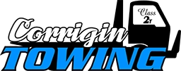 Logo for Corrigin Towing with "Corrigin" in white script, "TOWING" bold blue, highlighting soil stabilisation expertise.